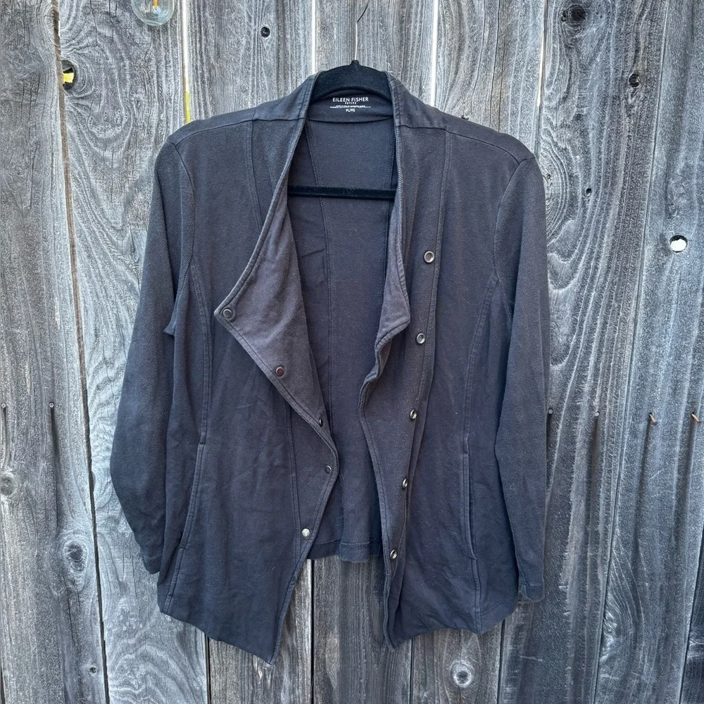 Eileen Fisher Asymmetrical Snap Front Cotton Jacket Black Size Petite Large - Picture 8 of 16